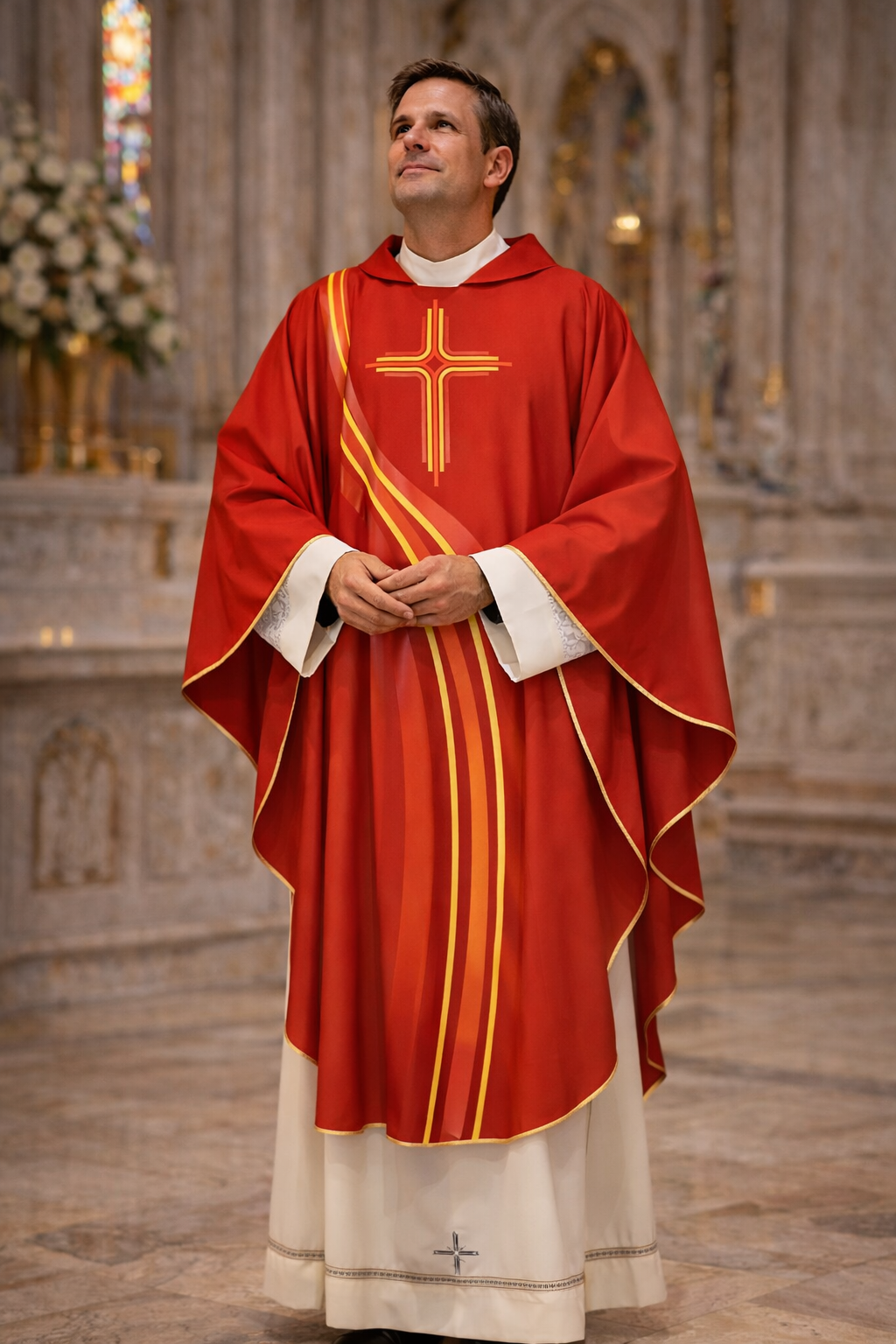 Priest wearing a sublimation printed  "River of Life" chasuble in Red. Made in Italy 