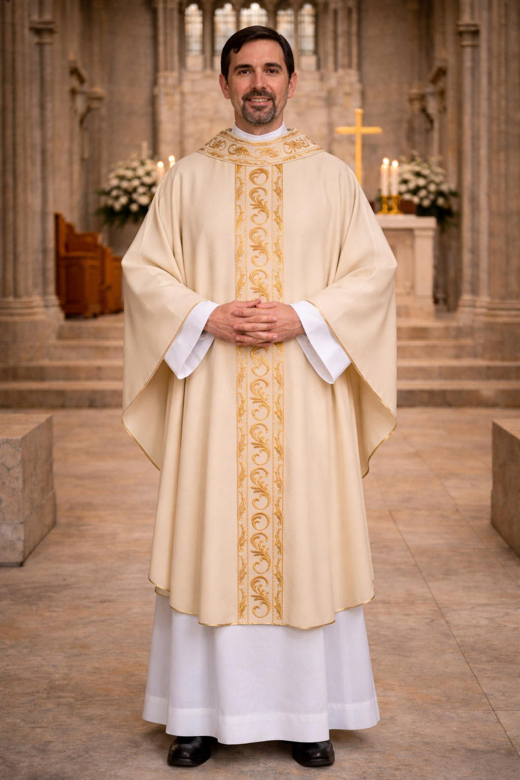 Priest in liturgical vestments standing in a church interior