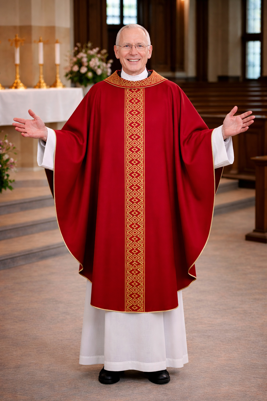 Priest in red liturgical vestment with gold embroidery in a church setting