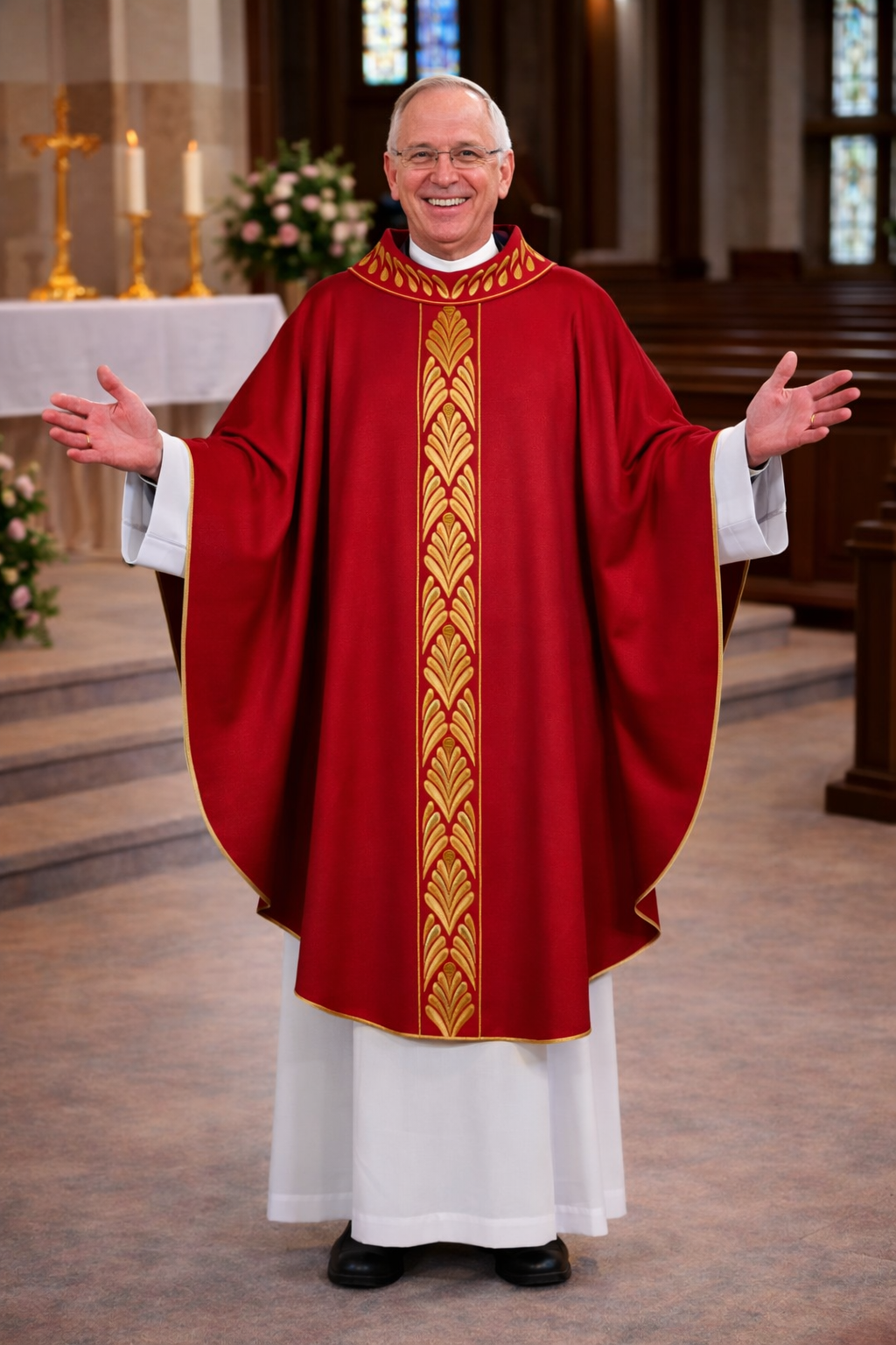 Priest in red and gold liturgical vestment standing in a church.
