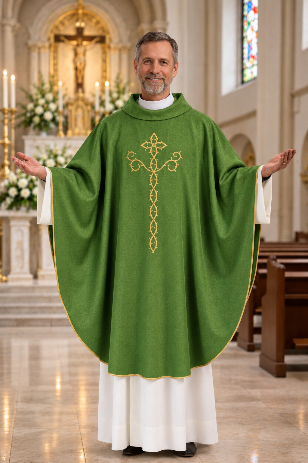 A man wearing a green liturgical vestment with a gold embroidered cross stands in a church with his arms outstretched, over white robes.