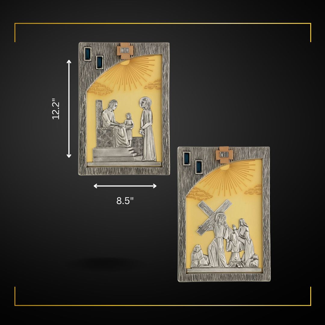 Stations of the Cross silver-plated stations on a gold plated cast brass background 12"x8" Made in Italy and Sold by The Clergy Store