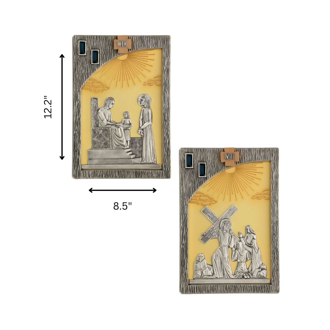 Stations of the Cross silver-plated stations on a gold plated cast brass background 12"x8" Made in Italy and Sold by The Clergy Store