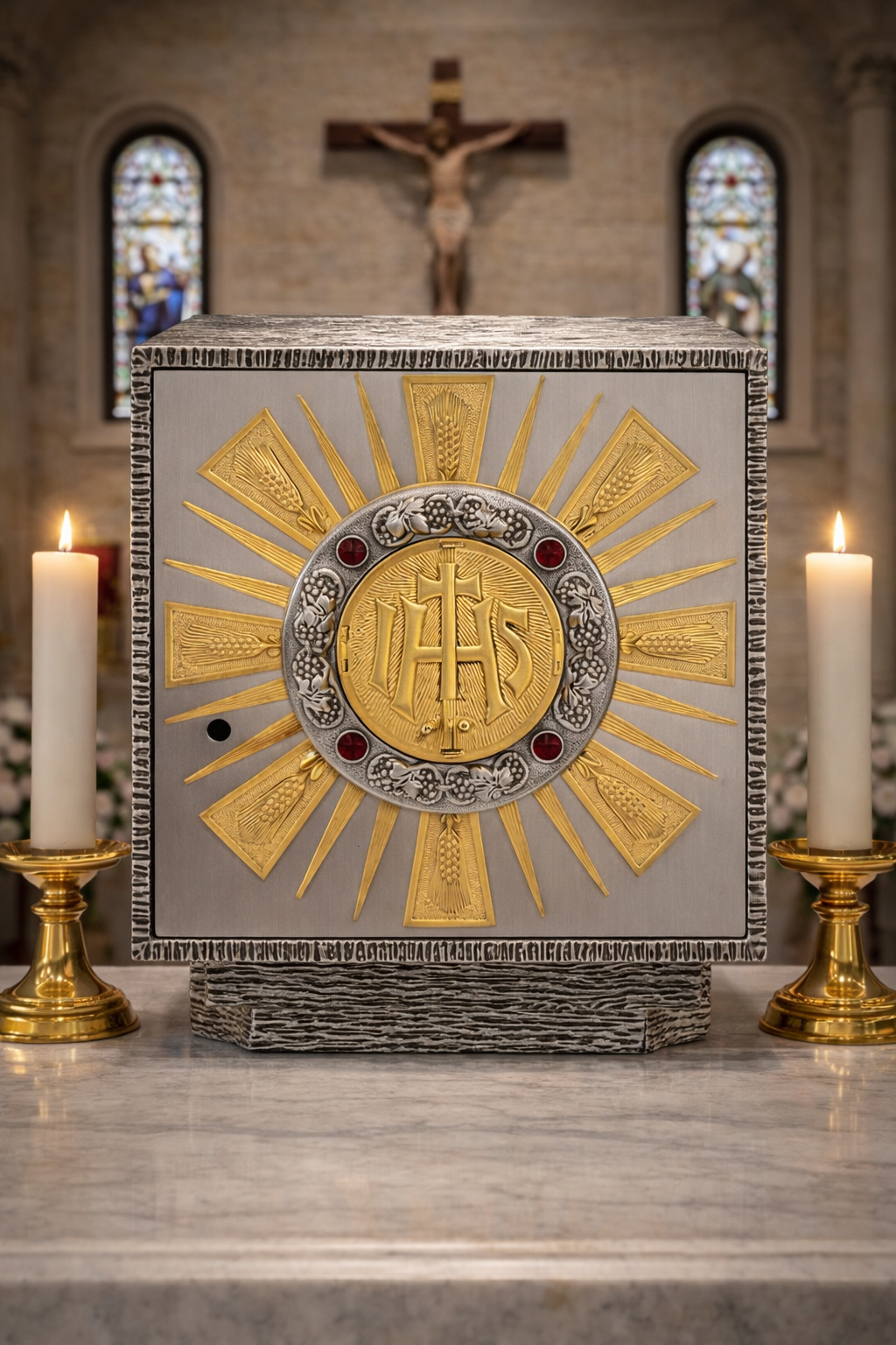 Decorative box with gold and silver design on a marble surface with candles and stained glass windows in the background.