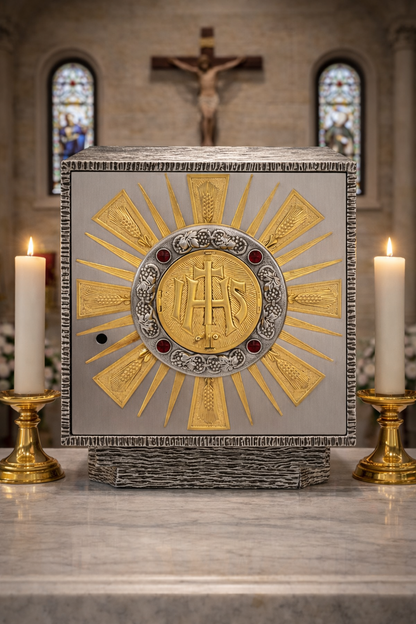 Decorative box with gold and silver design on a marble surface with candles and stained glass windows in the background.