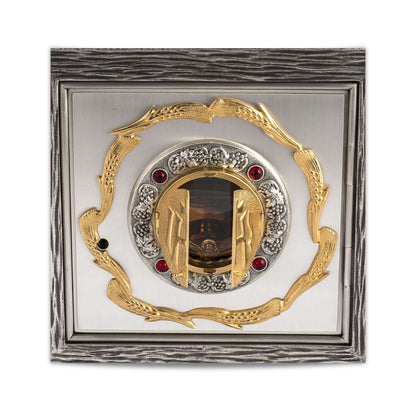 Bronze wall tabernacle IHS with a silver finish and red stones and adoration window. Made in Italy and sold by The Clergy Store