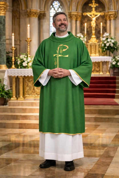 Deacon in green dalmatic standing in a cathedral with altar and crucifix in the background.