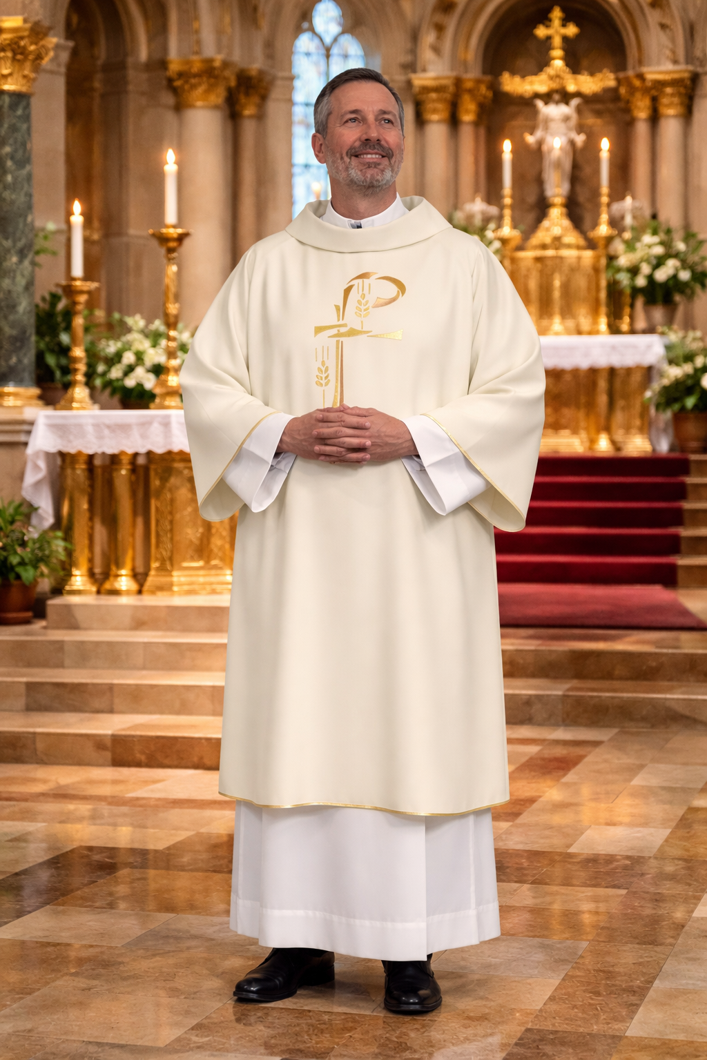 Deacon in ivory dalmatic standing in a cathedral with altar and crucifix in the background.