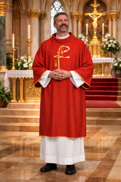 Deacon in red dalmatic standing in a cathedral with altar and crucifix in the background.