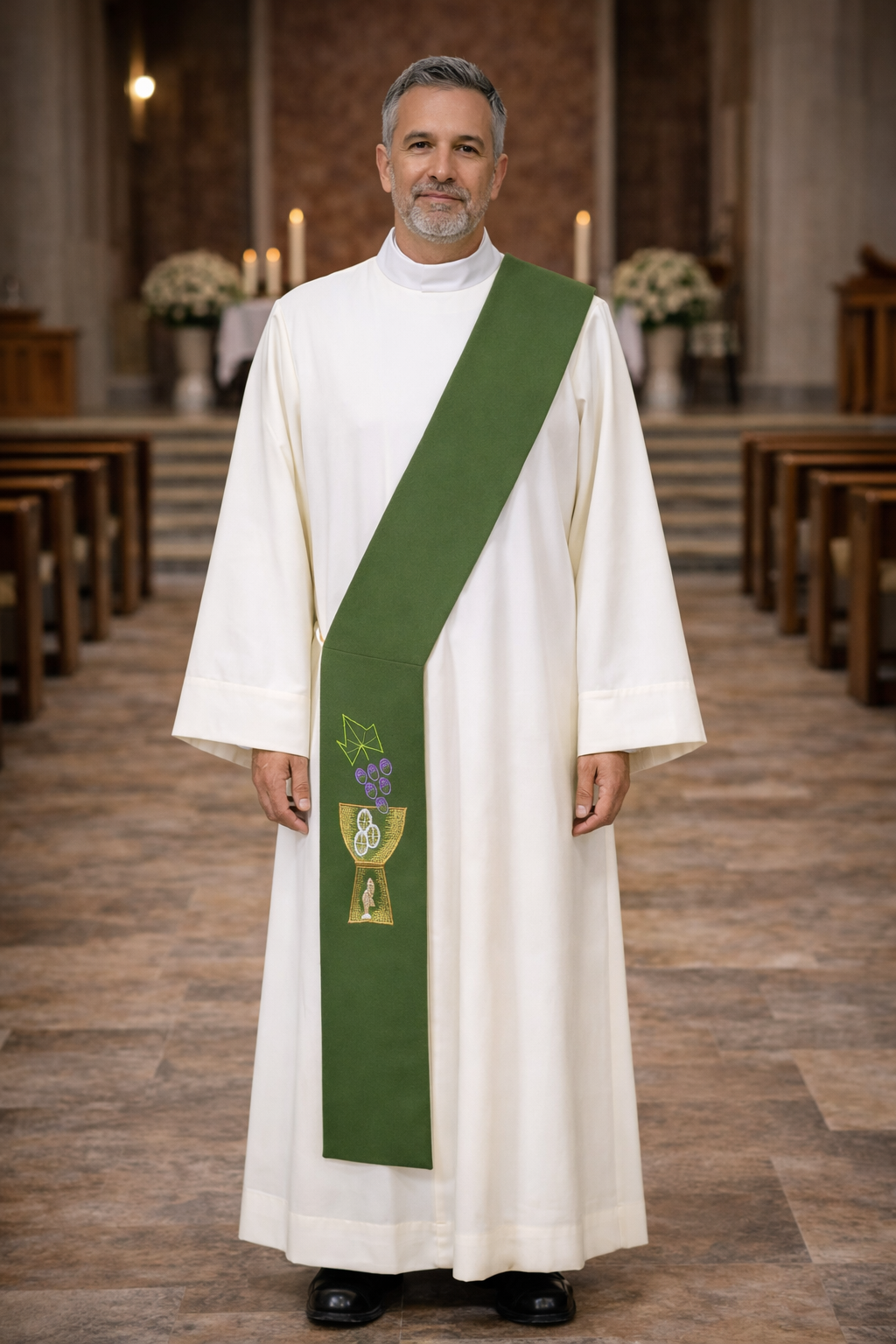 Deacon in white alb with green stole with chalice and grapes design standing in a church.