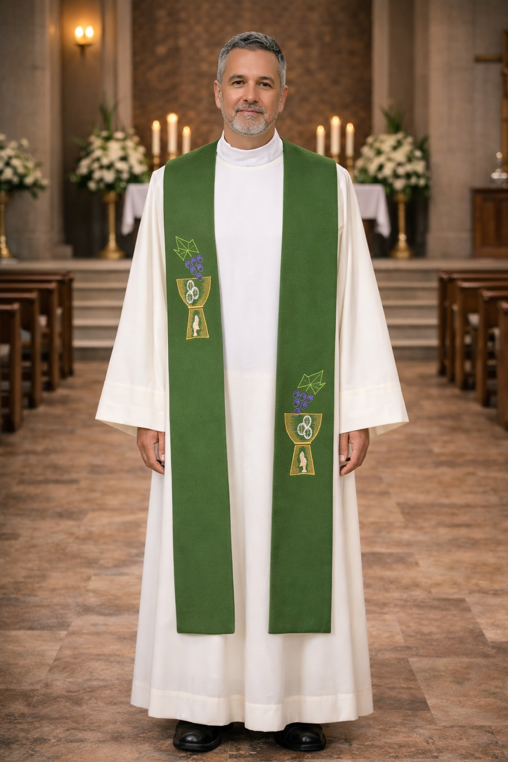 Priest in a white robe with a green stole with chalice and grape design standing in a church.