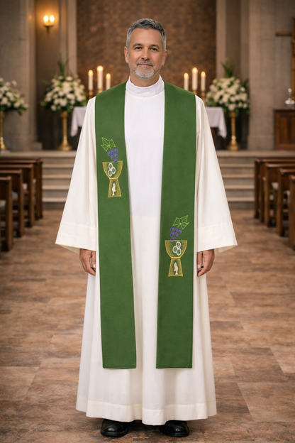 Priest in a white robe with a green stole with chalice and grape design standing in a church.