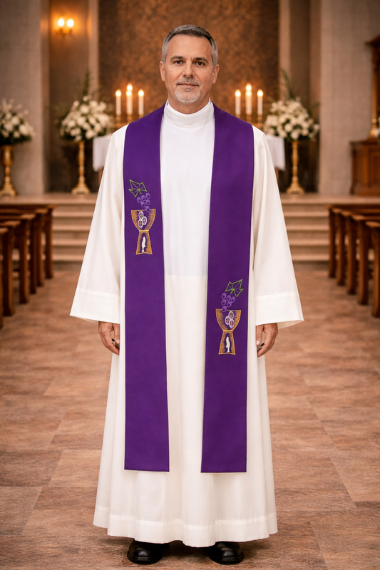 Priest in a white robe with a purple stole with chalice and grape design standing in a church.