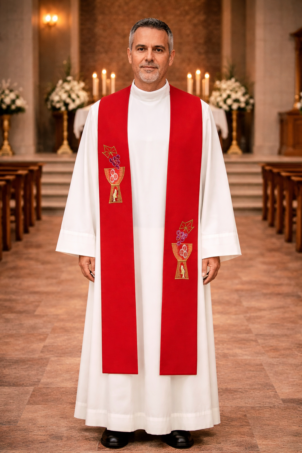 Priest in a white robe with a red stole with chalice and grape design standing in a church.