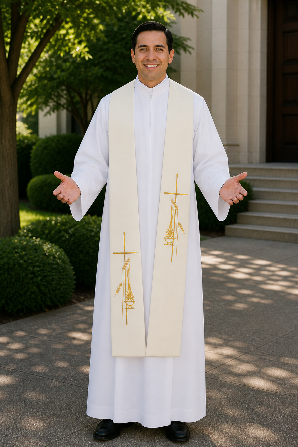 Ivory priest stole cross, stalk of wheat and lamp