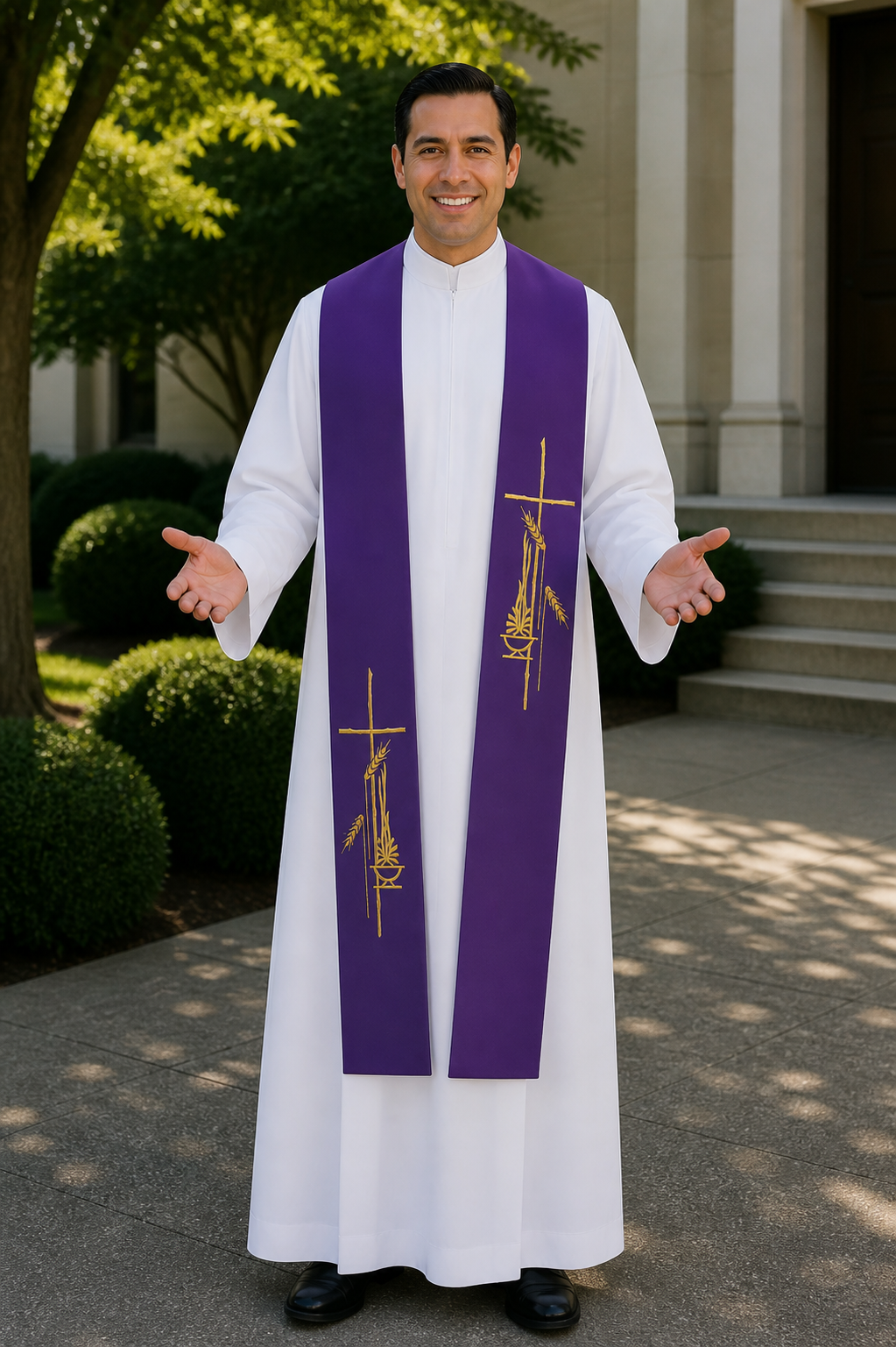purple priest stole cross, stalk of wheat and lamp
