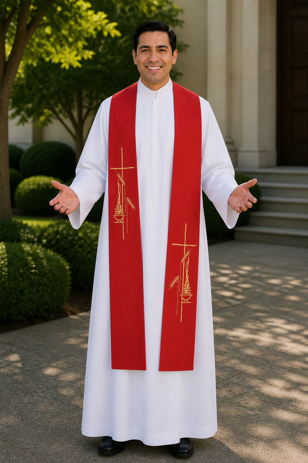 Red priest stole cross, stalk of wheat and lamp