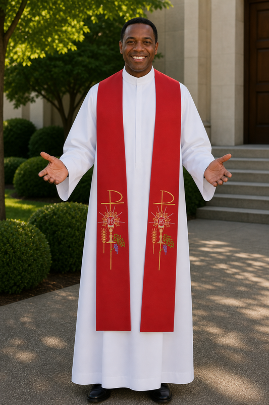 Red priest stole IHS, Chalice and Grapes