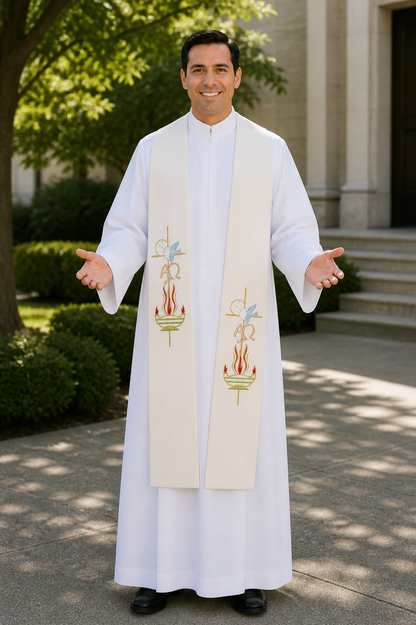 Ivory priest stole with cross, Lamp, and Alpha Omega