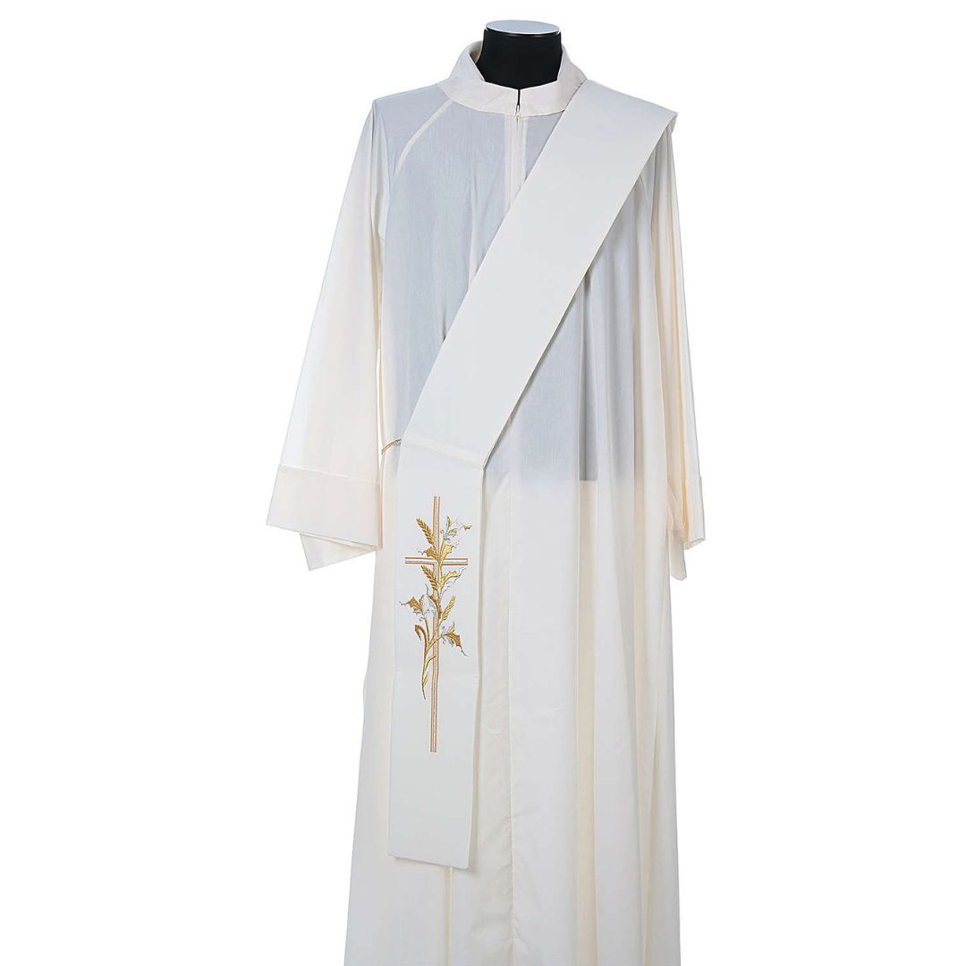 Deacon stole with cross and wheat stock design on ivory. Made in Italy and sold by The Clergy Store