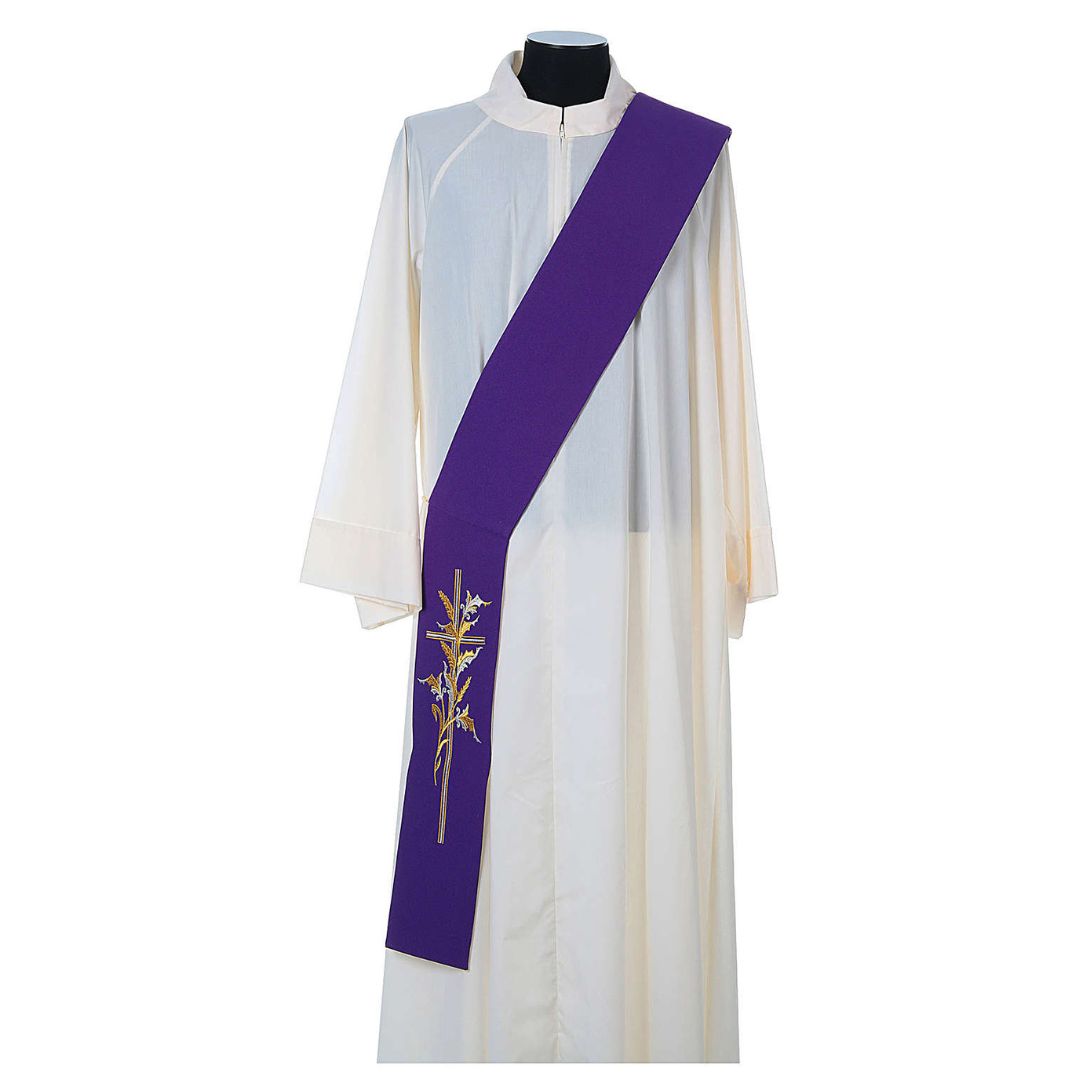 Deacon stole with cross and wheat stock design on purple. Made in Italy and sold by The Clergy Store