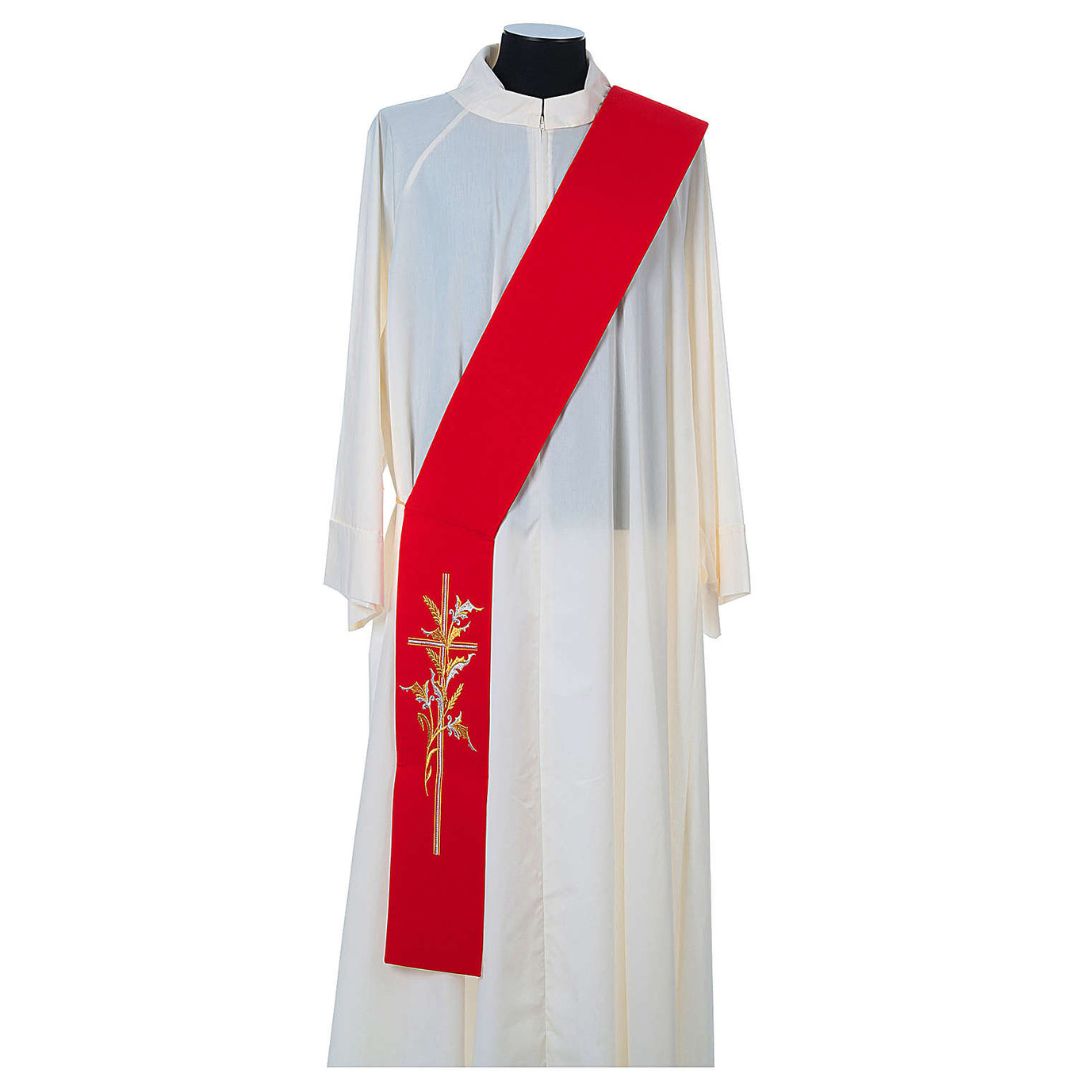 Deacon stole with cross and wheat stock design on red. Made in Italy and sold by The Clergy Store