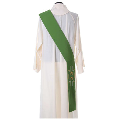  Deacon Stole  in green with embroidered design of a alpha and omega and cross at the bottom. Made in Italy and sold at The Clergy Store