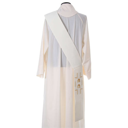   Deacon Stole  in ivory with embroidered design of a alpha and omega and cross at the bottom. Made in Italy and sold at The Clergy Store