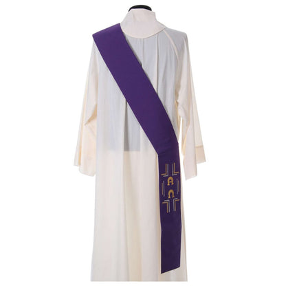  Deacon Stole  in purple with embroidered design of a alpha and omega and cross at the bottom. Made in Italy and sold at The Clergy Store