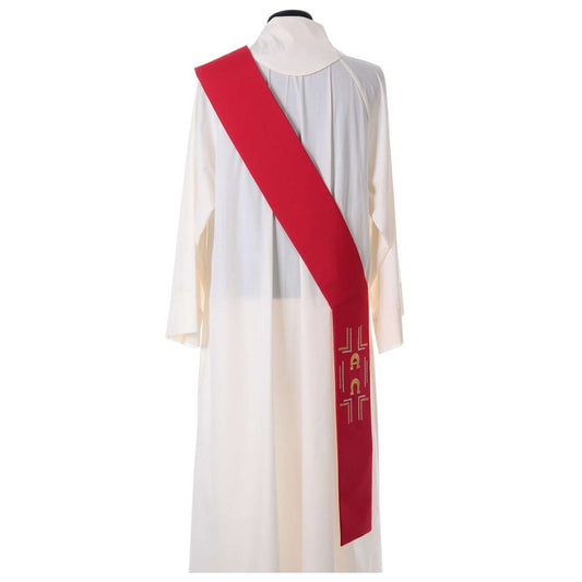  Deacon Stole  in red with embroidered design of a alpha and omega and cross at the bottom. Made in Italy and sold at The Clergy Store