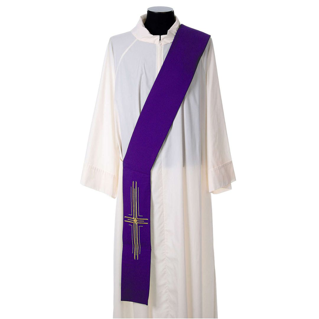 Deacon stole with multi cross design on purple. Made in Italy and sold by The Clergy Store