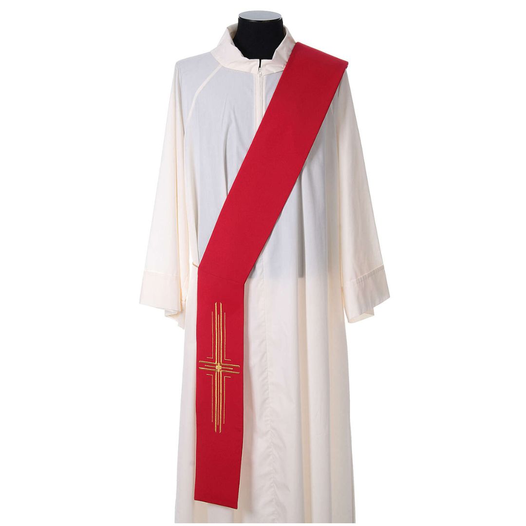 Deacon stole with multi cross design on red. Made in Italy and sold by The Clergy Store