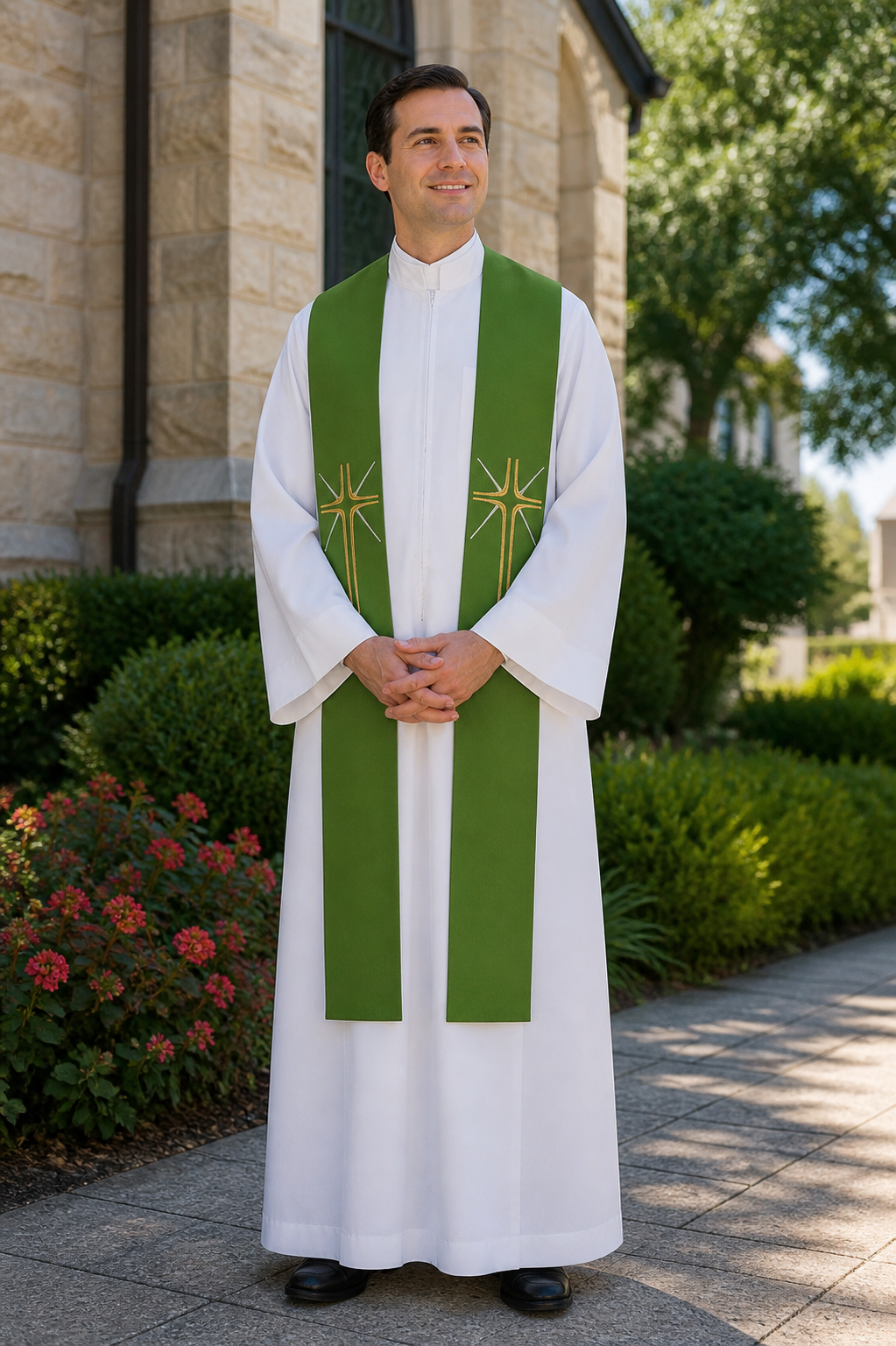 Green priest stole with gold cross and rays