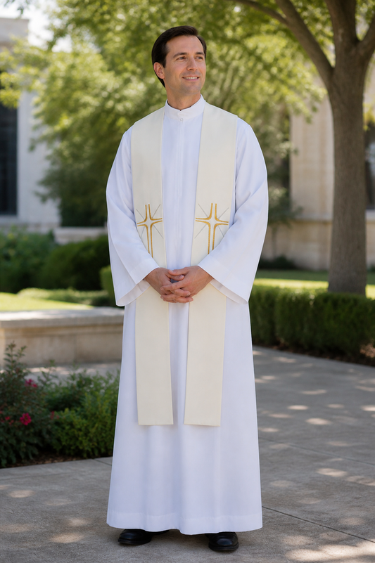 Ivory priest stole with gold cross and rays