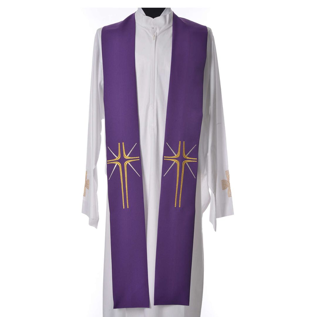 Priest stole with contemporary cross design purple