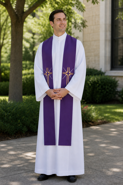 Purple priest stole with gold cross and rays