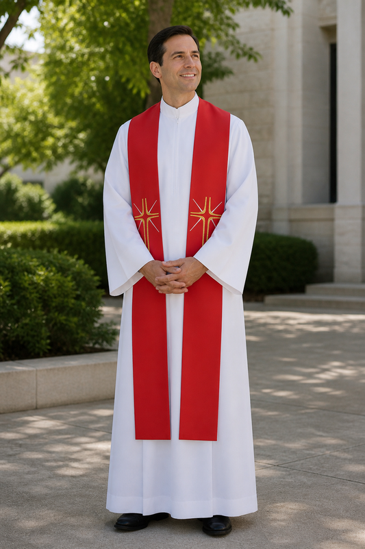 Red priest stole with gold cross and rays