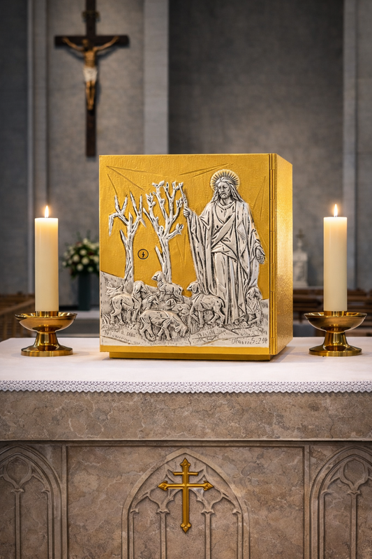 Single door tabernacle gold plated with Jesus and sheep. Made in Italy and sold by The Clergy Store