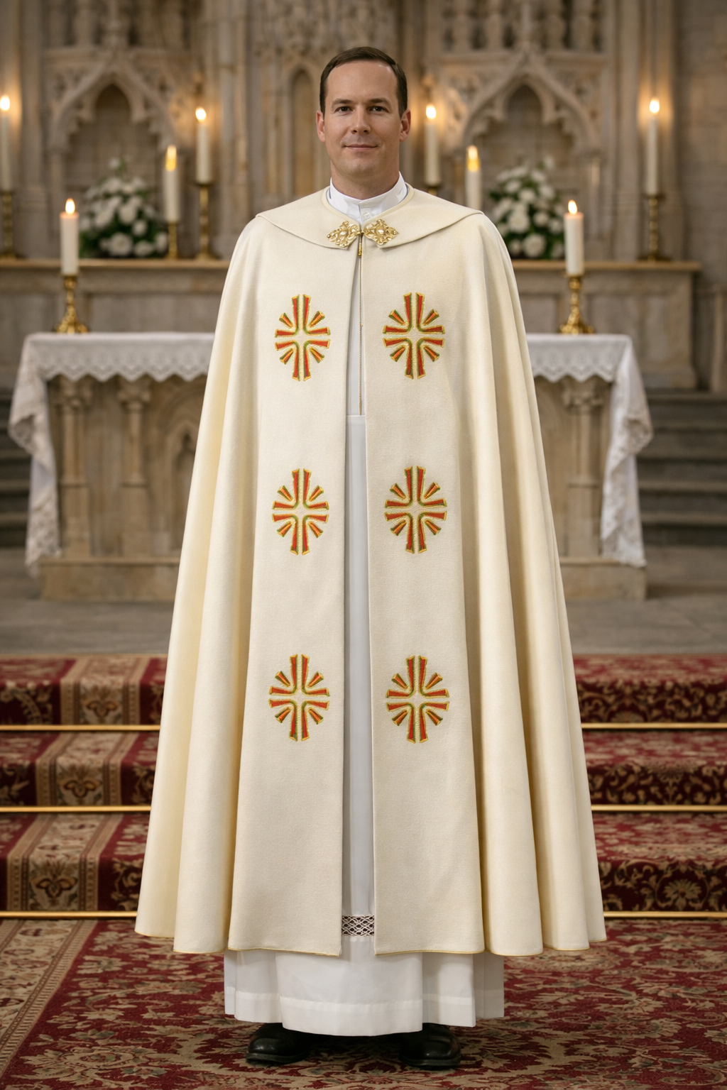 Priest in a white robe with gold crosses standing in a church.