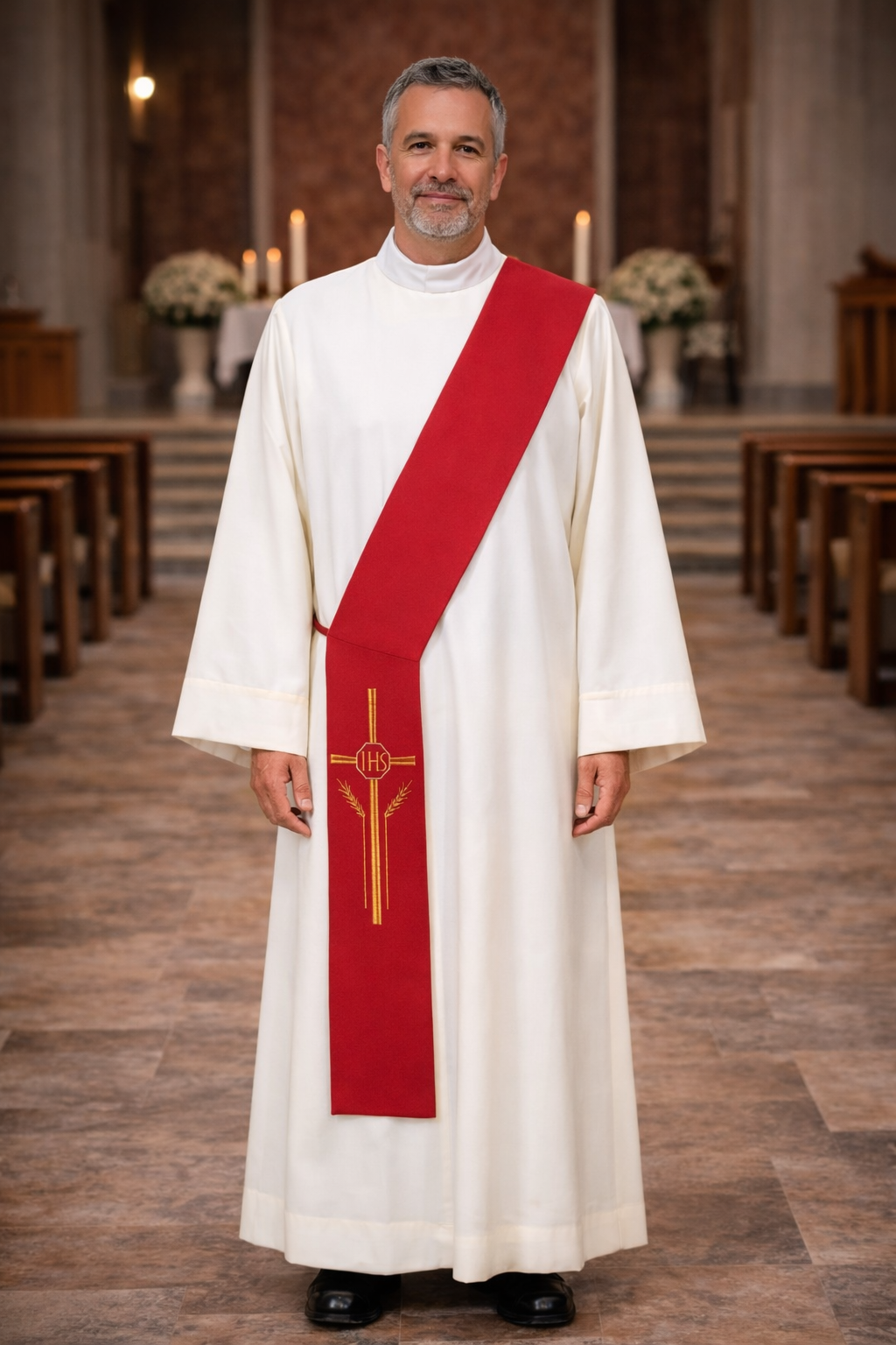 Deacon in white alb with red cross stole standing in a church.