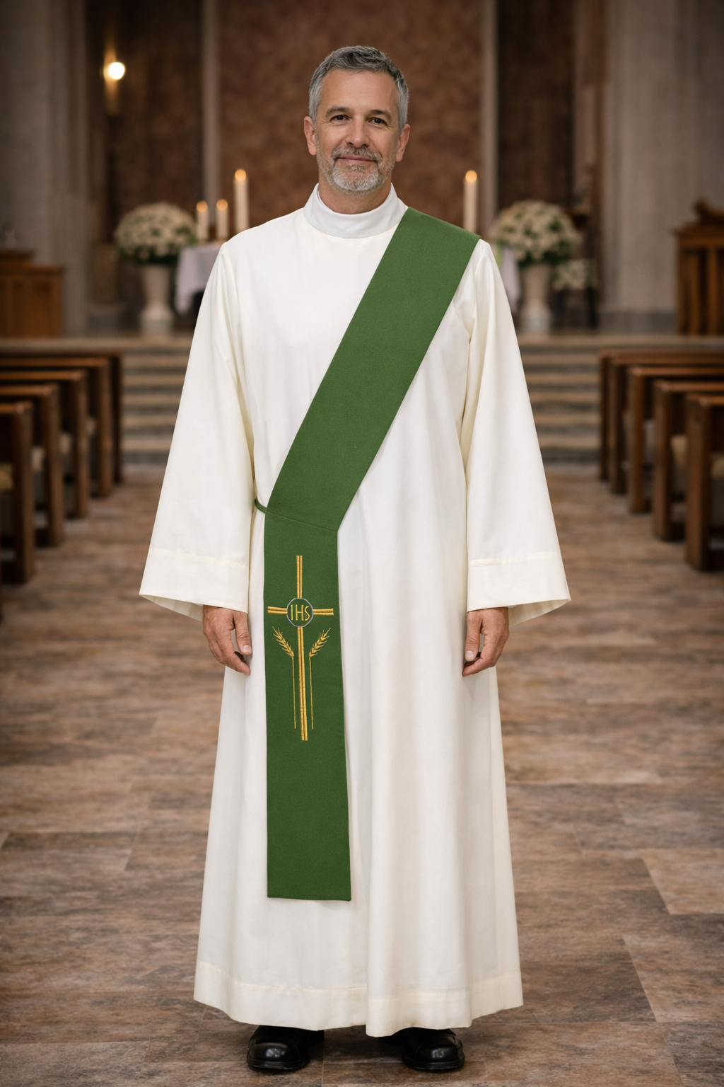 Deacon in white alb with green cross stole standing in a church.