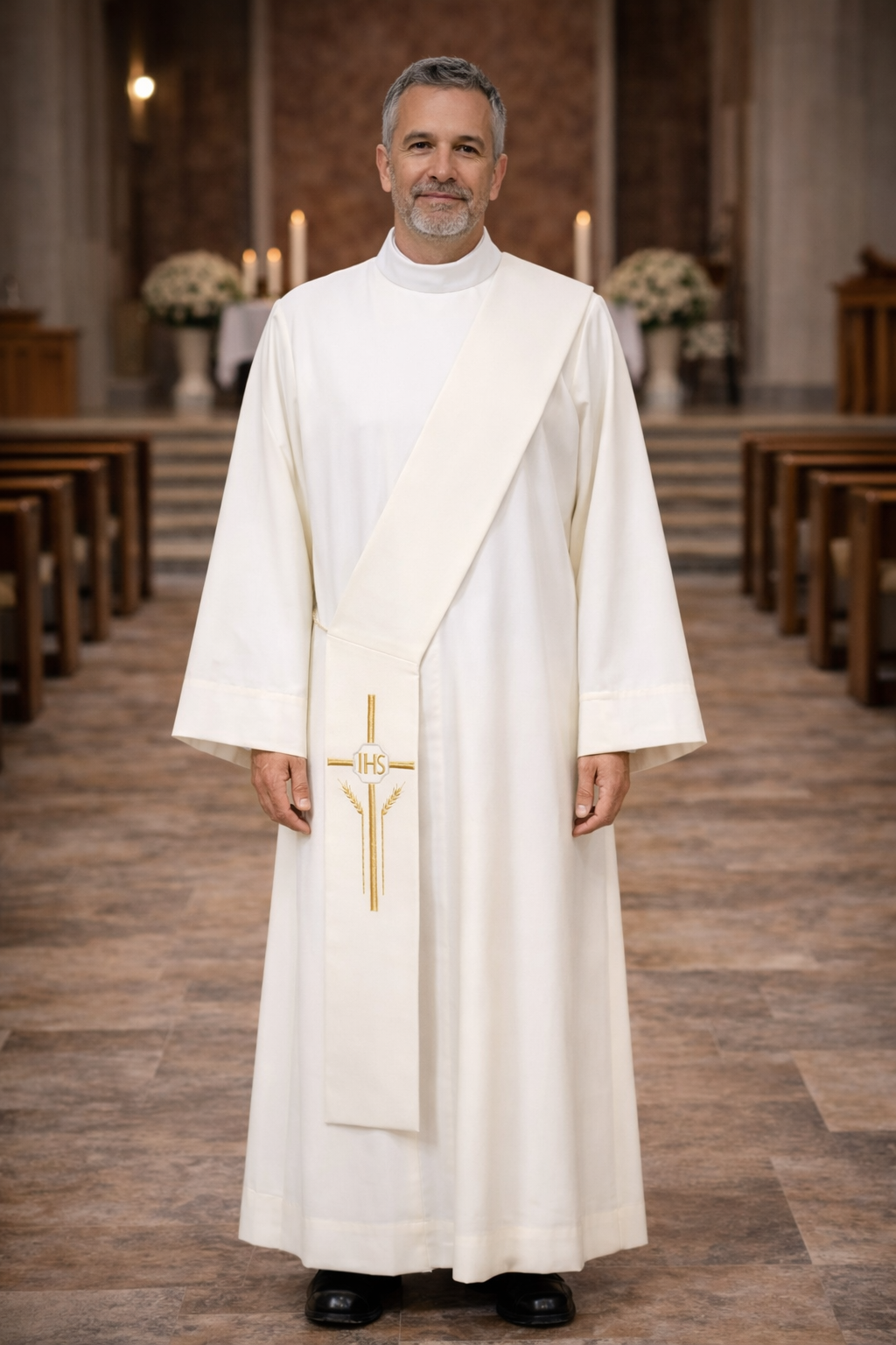 Deacon in white alb with ivory cross stole standing in a church.