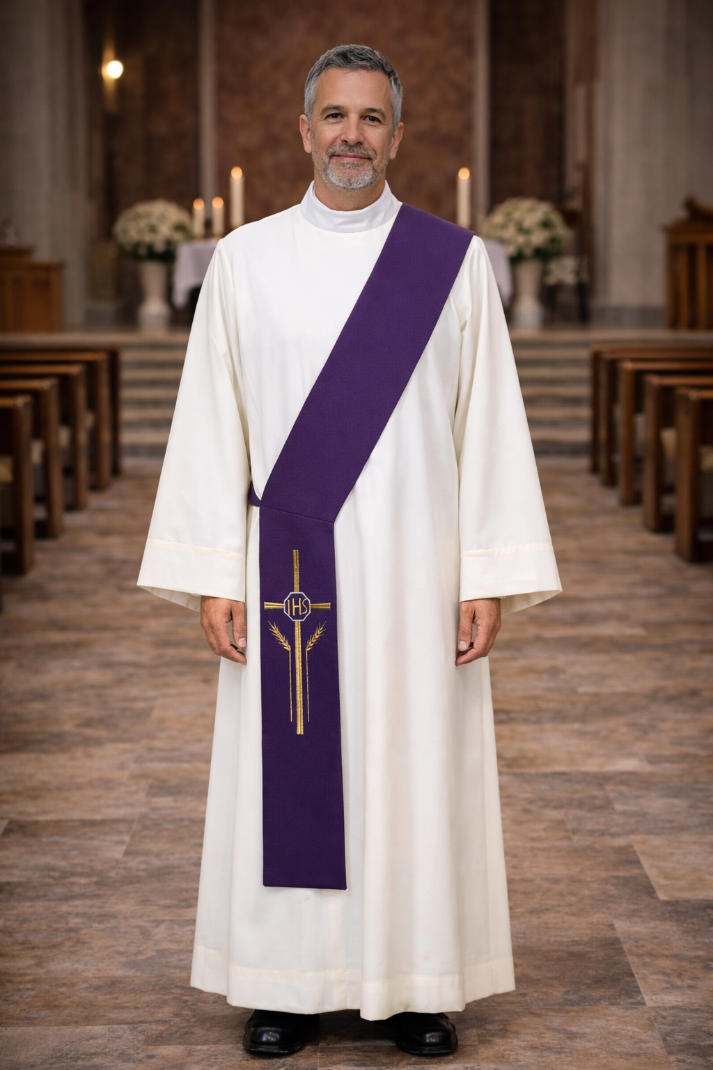 Deacon in white alb with purple cross stole standing in a church.