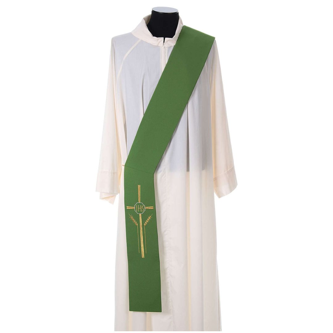 Deacon stole with cross wheat stock and IHS design in green. Made in Italy and sold by The Clergy Store