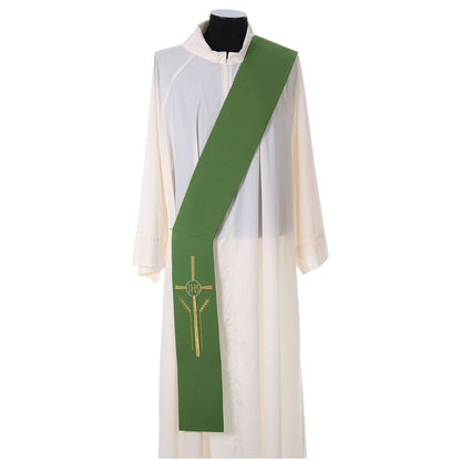 Deacon stole with cross wheat stock and IHS design in green. Made in Italy and sold by The Clergy Store