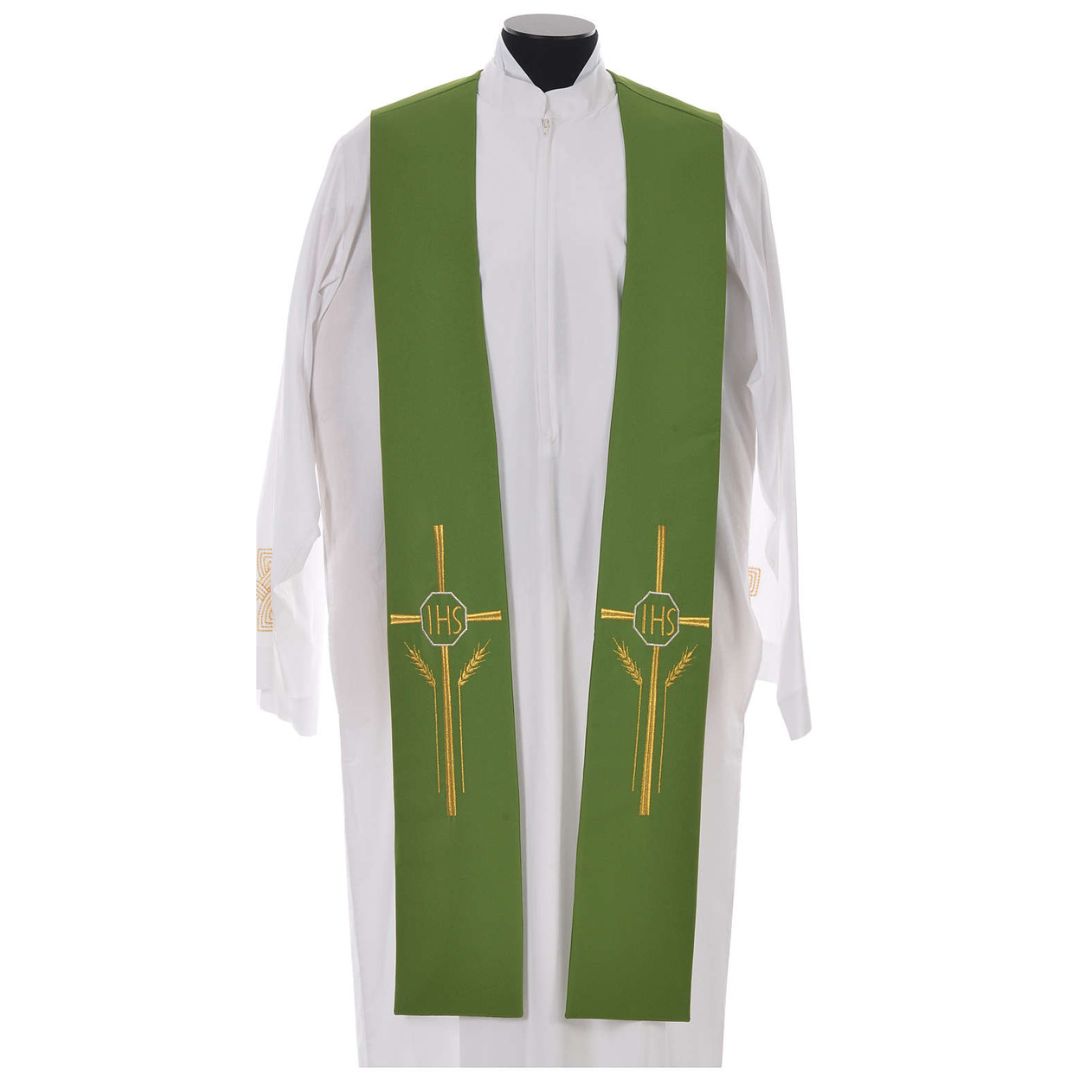 Priest stole with cross wheat stock and IHS design in green. Made in Italy and sold by The Clergy Store