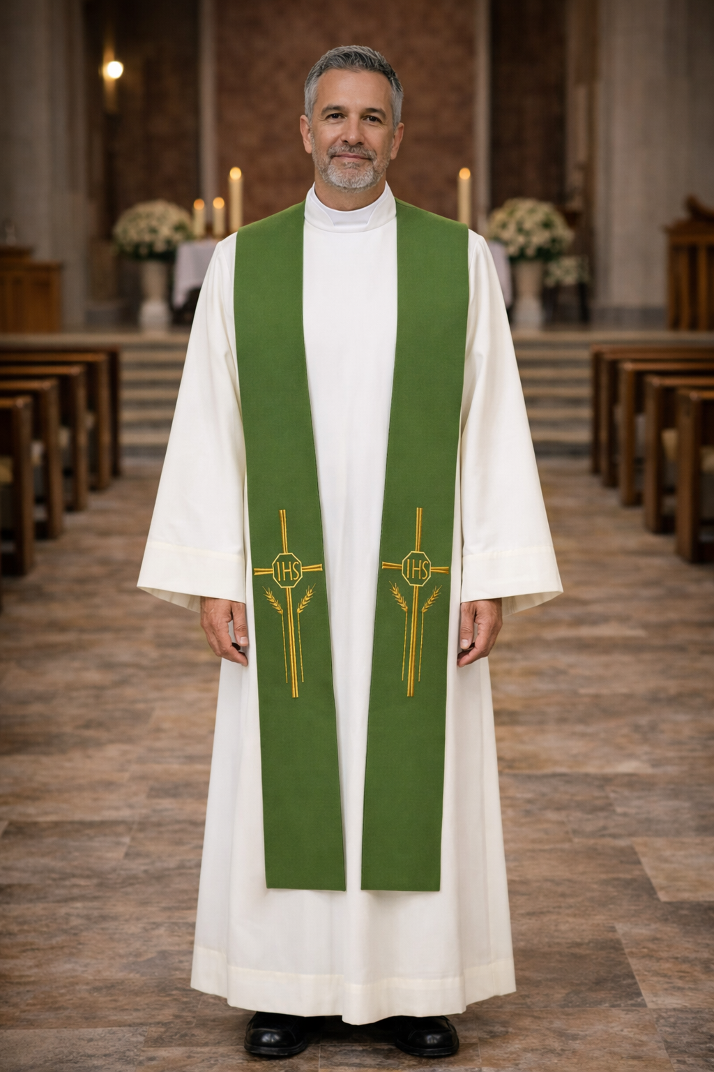 Priest in a white alb with a green stole standing in a church.