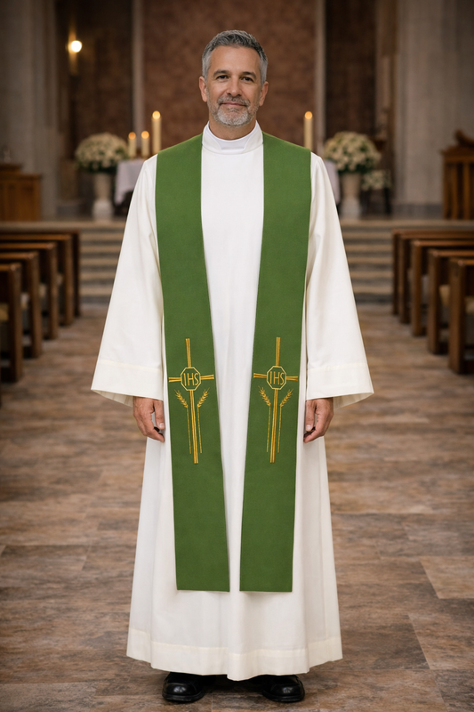 Priest in a white alb with a green stole standing in a church.