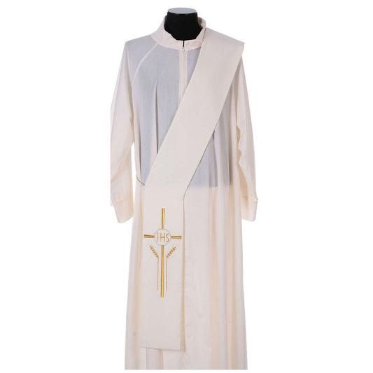 Deacon stole with cross wheat stock and IHS design on ivory. Made in Italy and sold by The Clergy Store