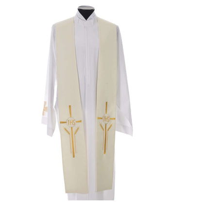 Priest stole with cross wheat stock and IHS design in ivory. Made in Italy and sold by The Clergy Store